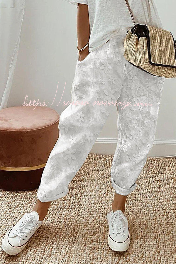 Wishing for It  Cotton Linen Patchwork Flower Elastic Waist Pocketed Pants