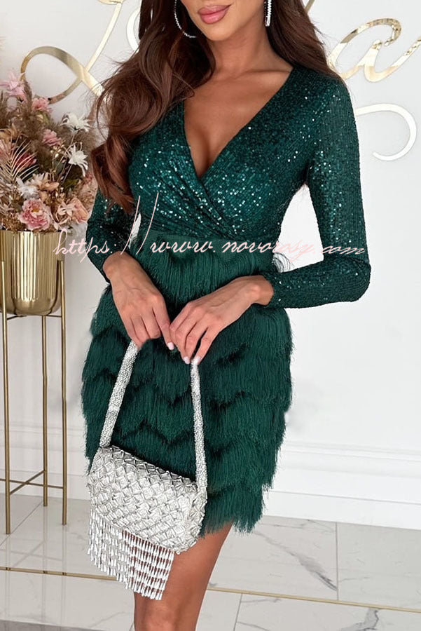 Spinning on The Dance Floor Sequin Patchwork Tiered Fringe Mini Dress