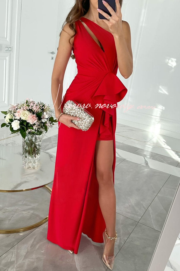 Forever Luxe One Shoulder Cutout Ruffle Split Maxi Dress
