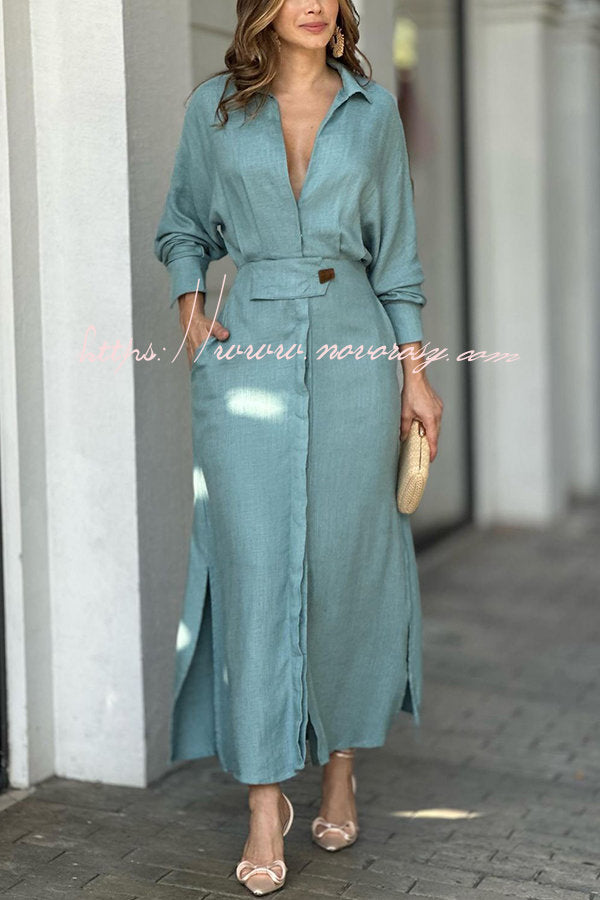 Know Your Worth Linen Blend Pocketed Slit Shirt Midi Dress