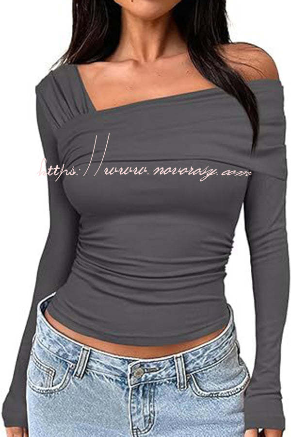 Pleated One Shoulder Pullover Long Sleeved Top