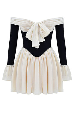 Dreamy Off Shoulder Color Block Bow Long Sleeve Mini Dress