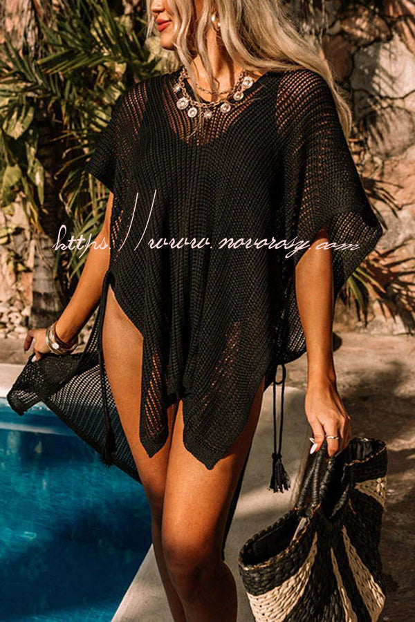 Knitted Hollow V Neck Slit Lace Up Cover Up