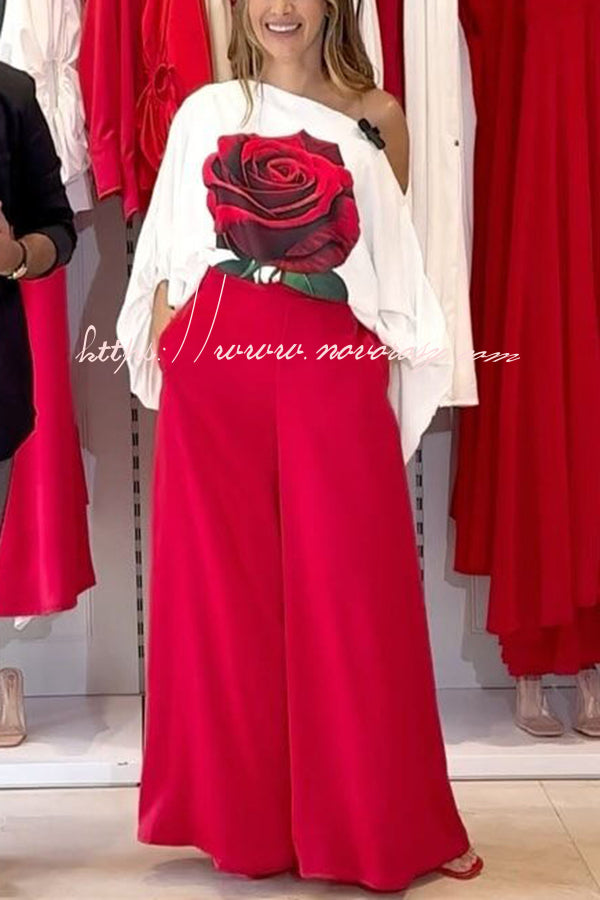Elegant Rose Print Long Sleeve Belted Wide Leg Pants Suit