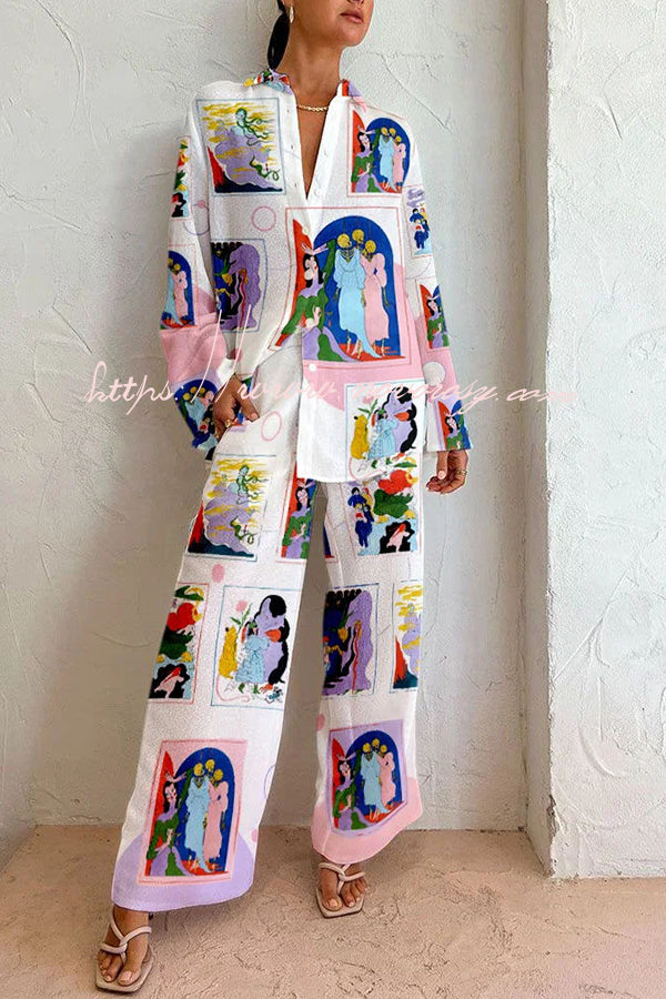 Chic Abstract Painting Print Button Pockets Elastic Waist Pants Set