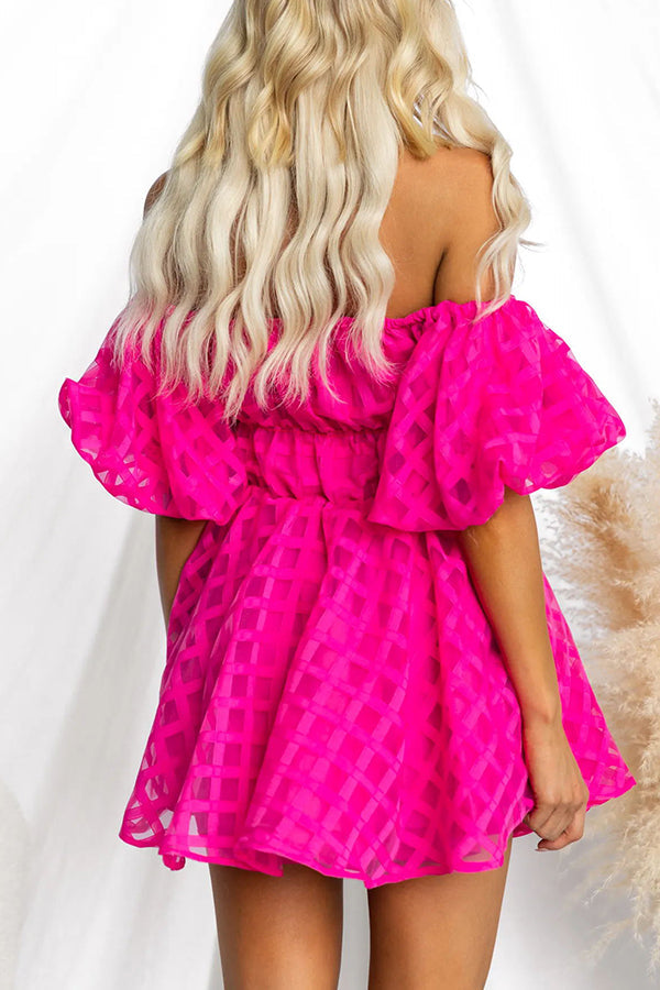 Barbie Night Square Patterned Fabric Puff Sleeve Mini Dress