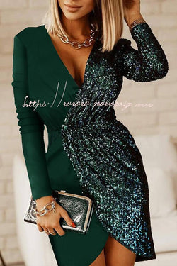 Glamorous Nights Contrast Sequin Long Sleeve Party Dress