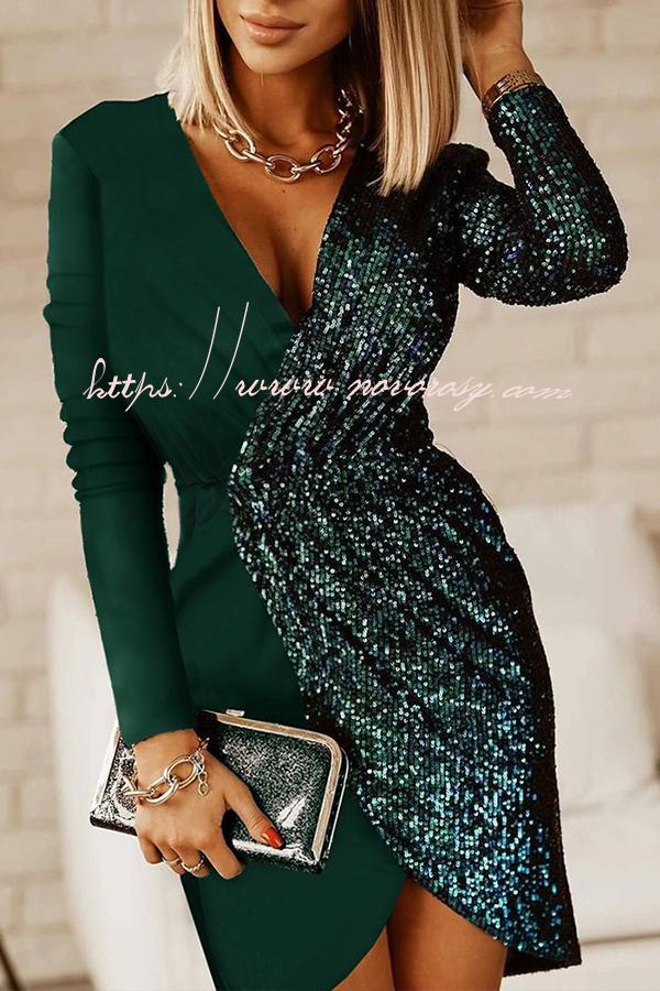 Glamorous Nights Contrast Sequin Long Sleeve Party Dress