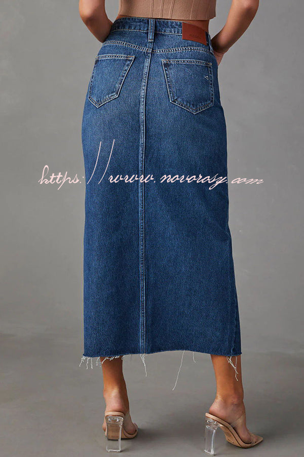 Lagne High Waisted Pocket Button Slit Washed Denim Skirt