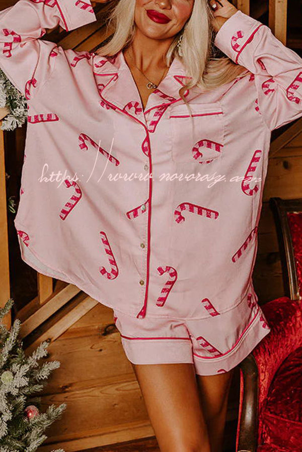 Candy Cane Kisses Satin Printed Elastic Waist Pocket Pajama Shorts Set