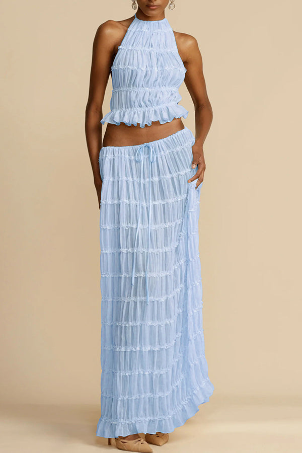 Versatility and Vintage Charm Pleated Drawstring Waist Tiered Maxi Skirt
