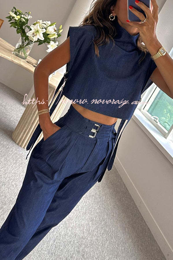 Posie High Neck Side Straps Top and Cargo Belt Pocketed Pants Set