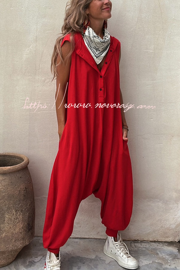 Let's Chill Pocketed Half Button Hooded Loose Jumpsuit