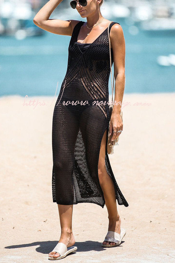 Maine Crochet Hollow Out Slit Cover-up Beach Dress