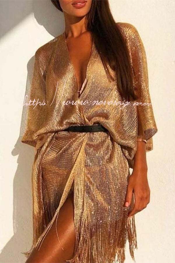 Shawl Gold and Silver Ribbon Sleeve Slit Cover-ups