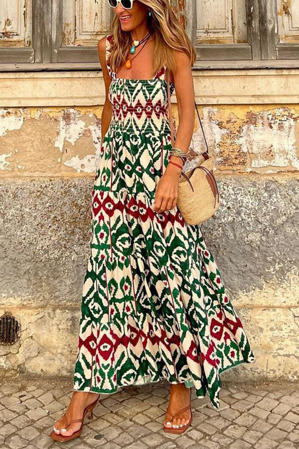 Timeless Beauty Printed Smocked Vacation Maxi Dress