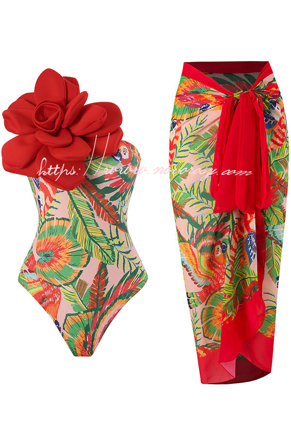 Floral Print High Waisted Three Dimensional Floral One Piece Swimsuit And Skirt