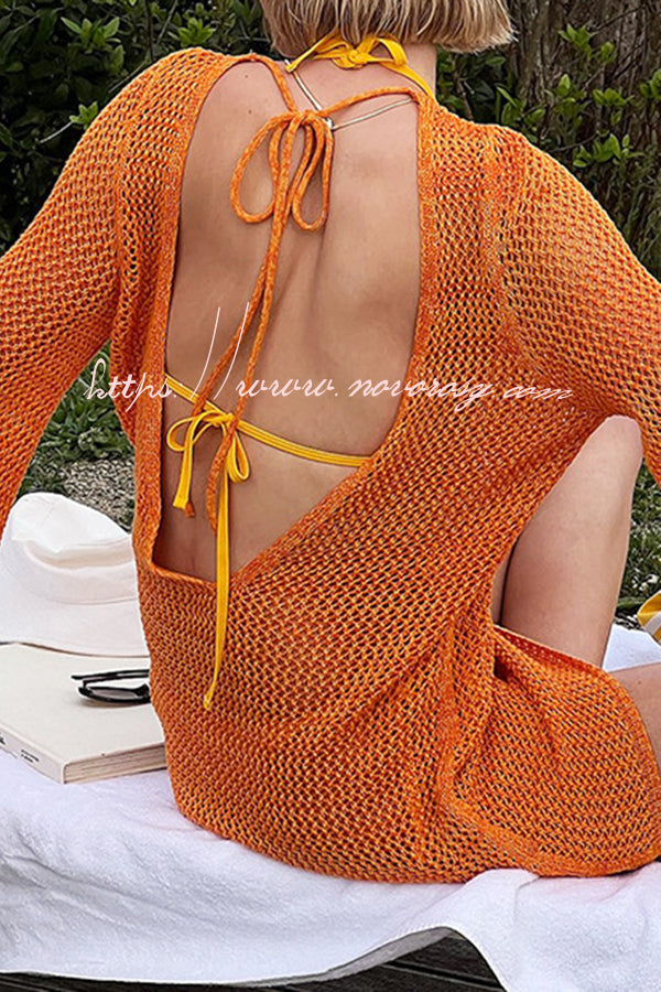 Knitted Dolman Sleeves Cutout Crew Neck Tie Backless Cover Up