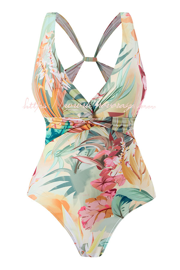 Floral Print Halterneck Swimsuit and Lace Up Skirt