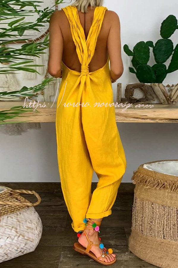 Harper Casual Solid Backless Knotted Strappy Loose Jumpsuit