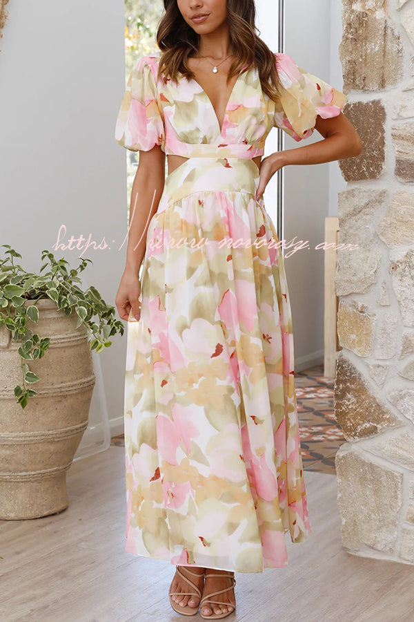 Surprising Floral Print V Neck Pleated Cutout Maxi Dress