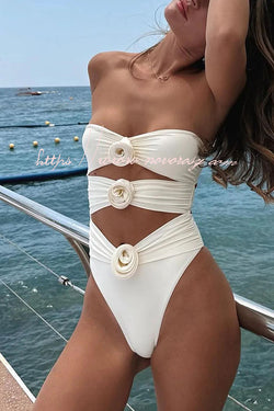 Three Dimensional Flower Bandeau One Piece Swimsuit