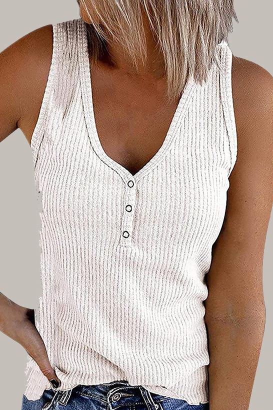 Solid V Neck Buttons Sleeveless Top