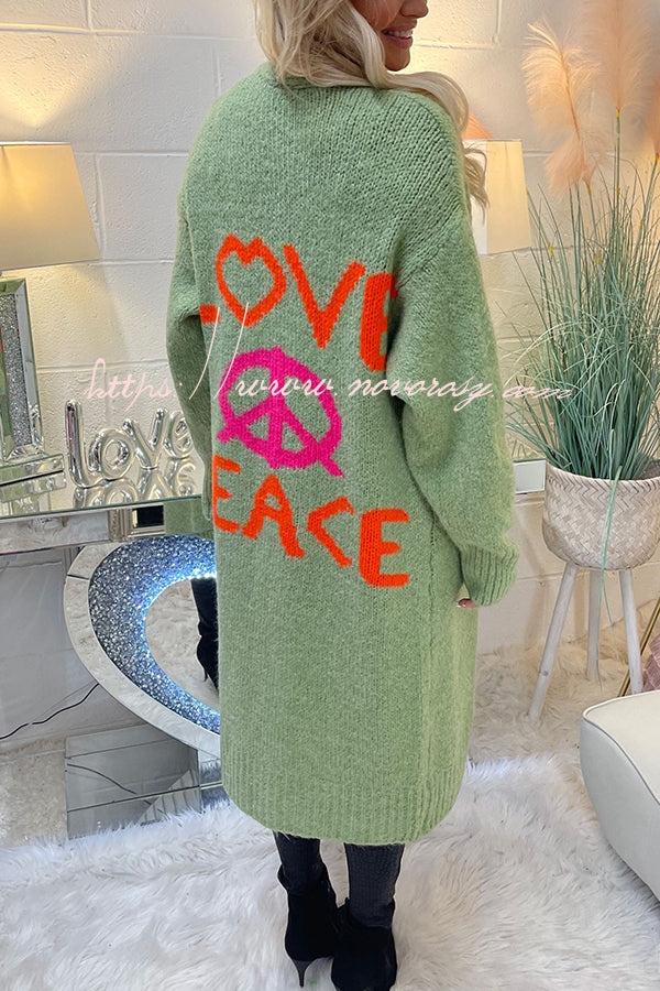 Neon Love Peace Chunky Knit Pocket Straight Midi Cardigan