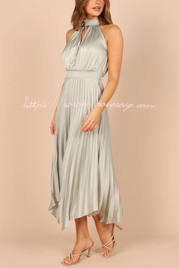 Luxe Look Satin Pleated Halter Elastic Waist Midi Dress