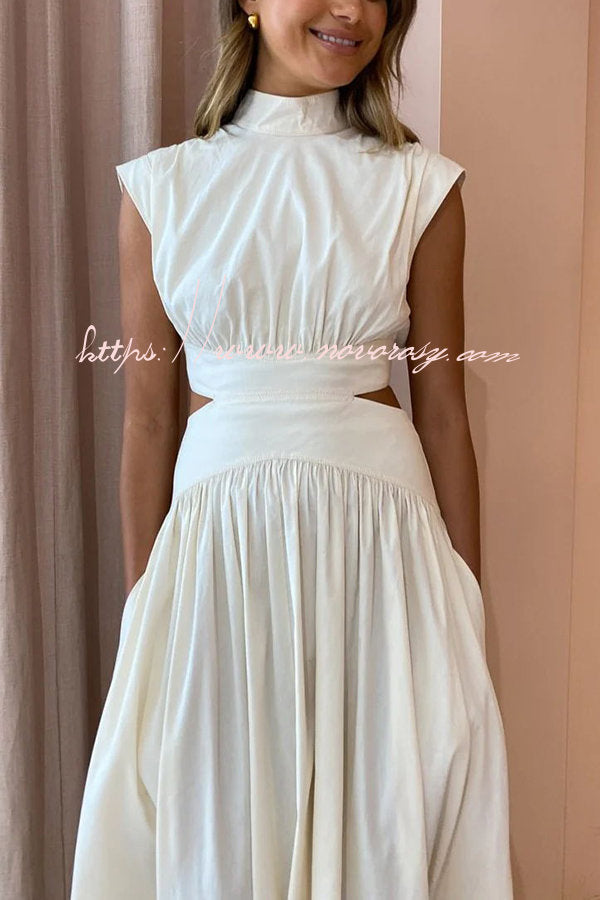 On Vacay Mode Cotton Blend Cutout Elastic Waist Pocketed Maxi Dress