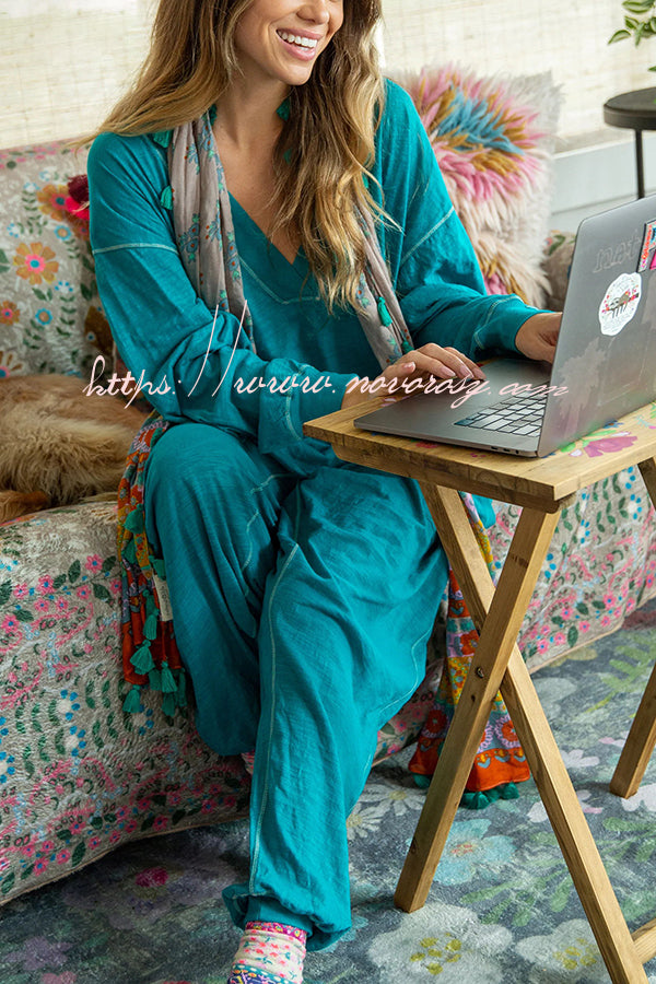 Home or Traveling Cotton Blend Long Sleeve Pocketed Loose Jumpsuit