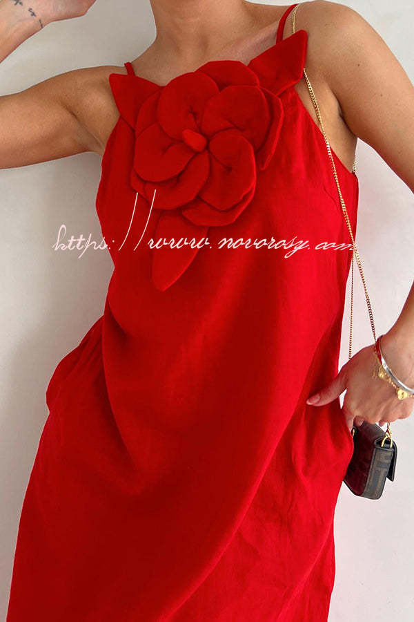 Vacay Ready Linen Blend Floral Embellishment Pocketed Slit Maxi Dress