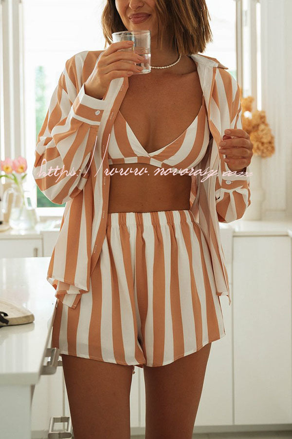 Justine Loose Striped Shirt and Elastic Waist Short Set with Cami Top