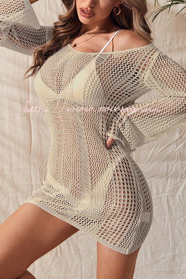 Attractive Knitted Cutout V Neck Tie Back Long Sleeve Sun Cover Up