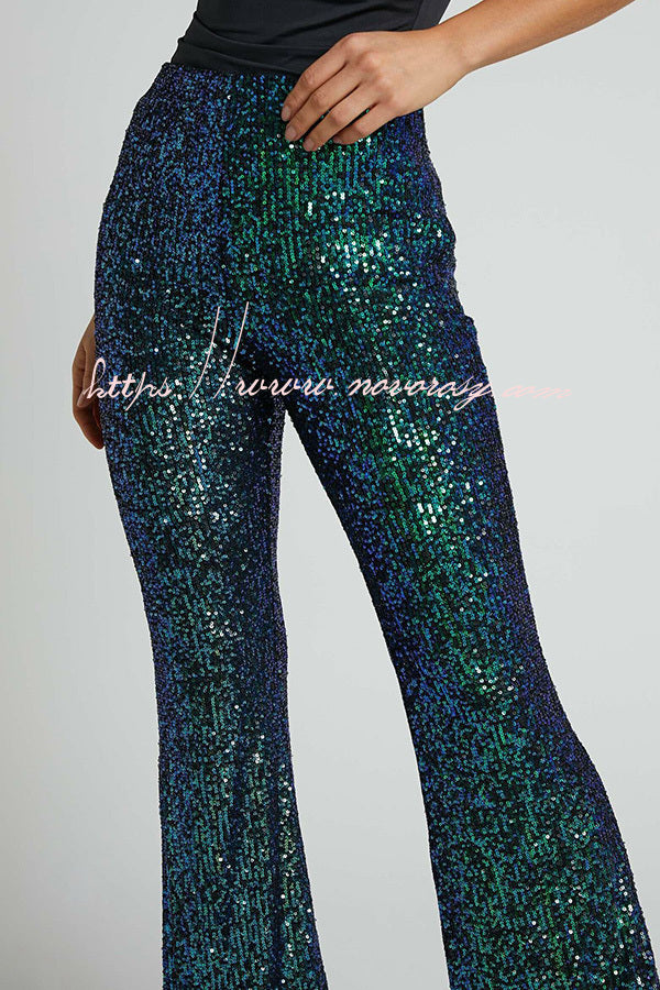 Shiny High Waisted Sequin Paneled Wide Leg Pants