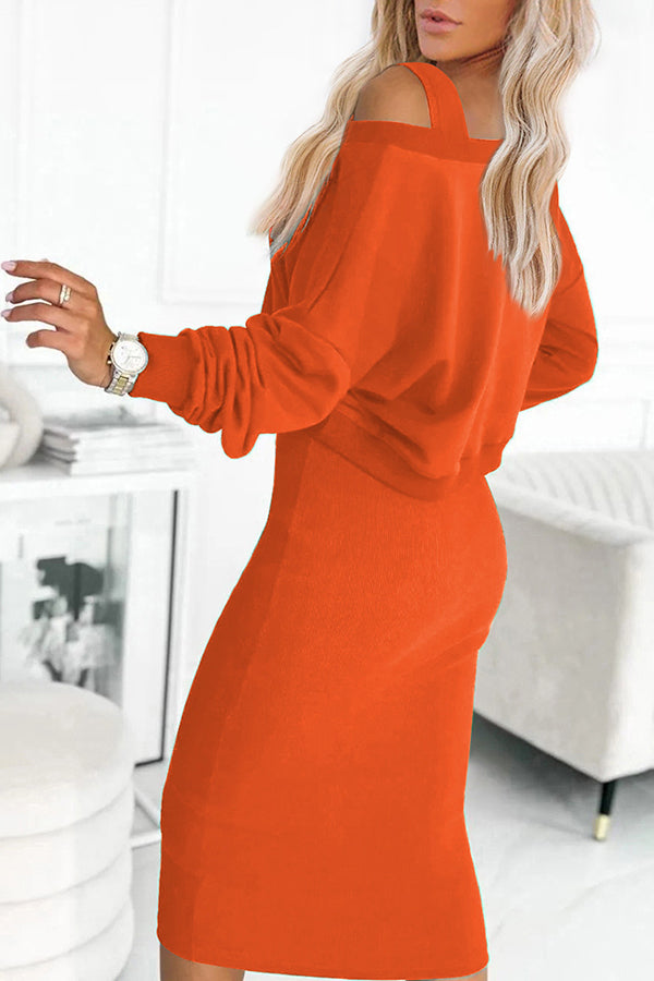 Solid Color Loose Hoodie and Stretch Tank Midi Dress Set
