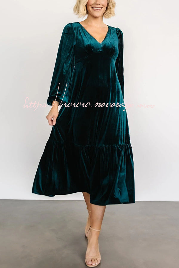 Erika Puff Sleeved Velvet Ruffled Midi Dress