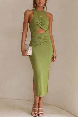 Crushing All Night Ribbed Front Cut Out Ruched Stretch Midi Dress