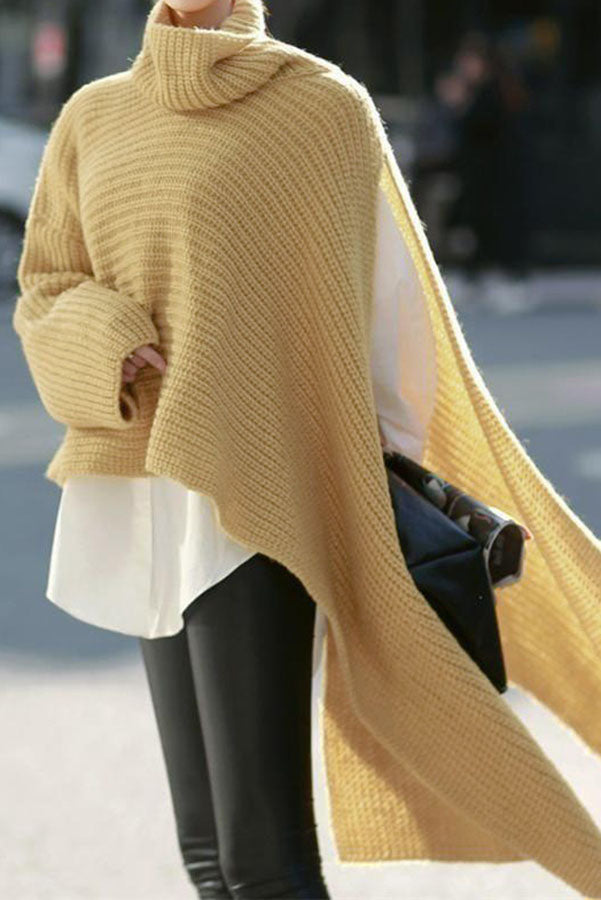 Landyn Fashion Pure Color High Neck Irregular Sweater