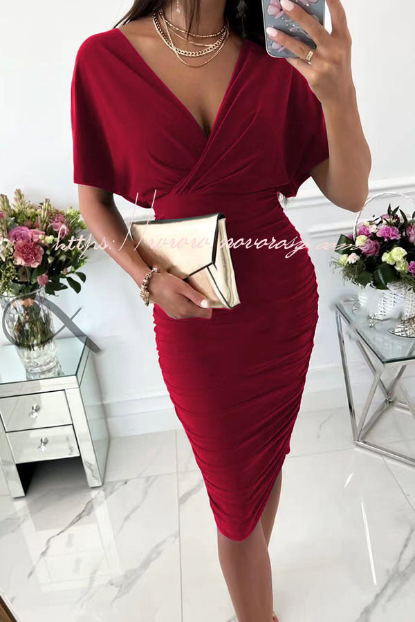 Gorgeous Day Batwing Sleeve Ruched Midi Dress