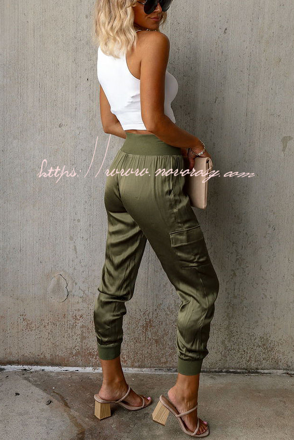 Luxe Look Satin High Waist Pocketed Joggers