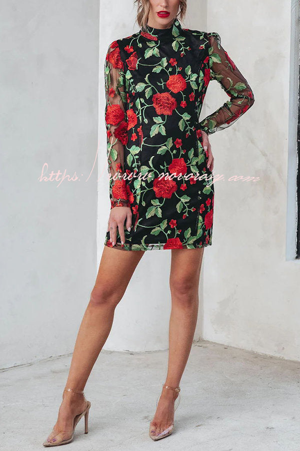 Hello Beautiful Embroidered Floral Mesh Mini Dress