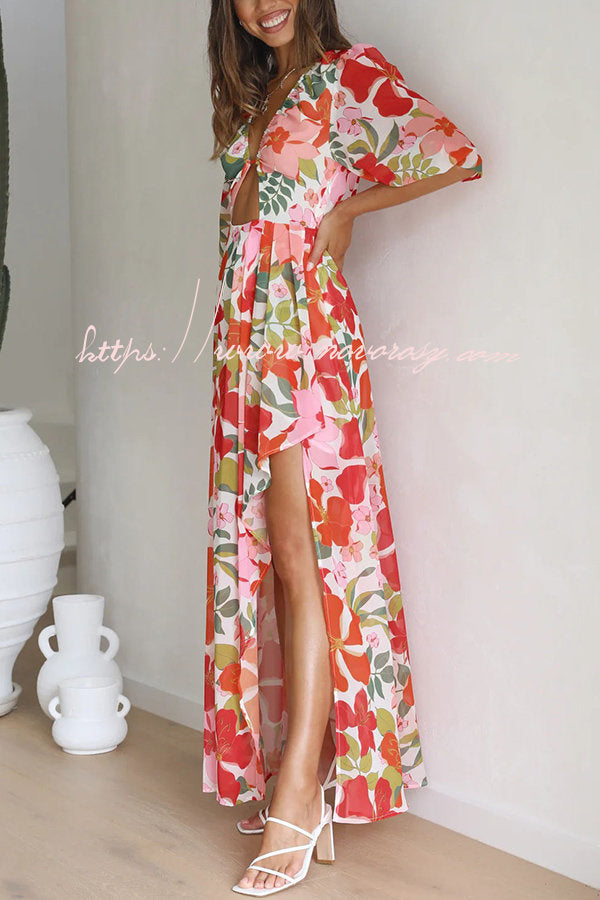 Del Mare Floral Puff Sleeve Front Cutout High Low Maxi Dress
