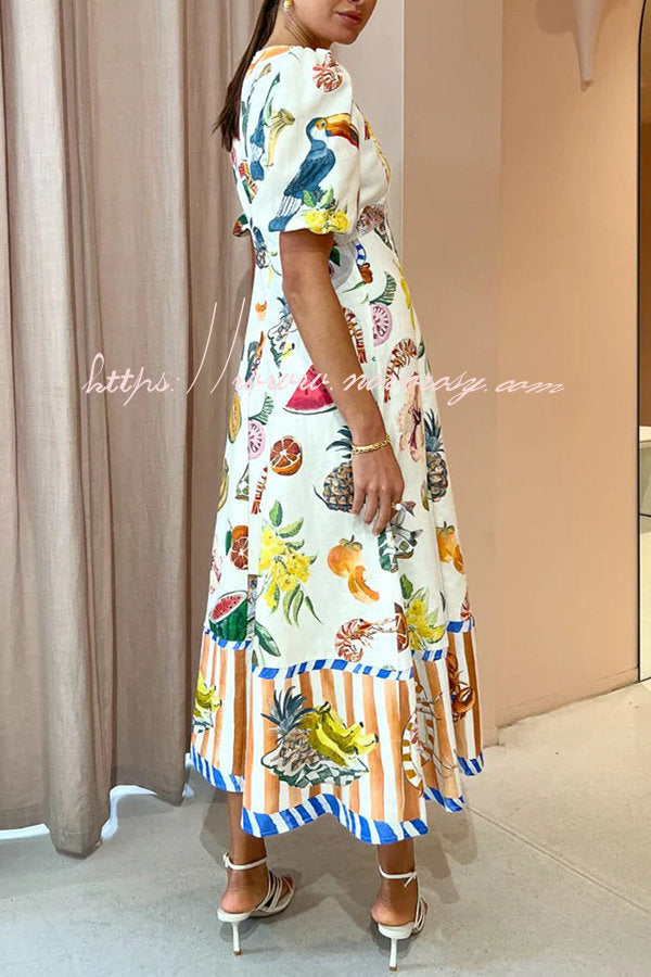 Summer Dream Linen Blend Tropical Fruit Print Puff Sleeve Midi Dress