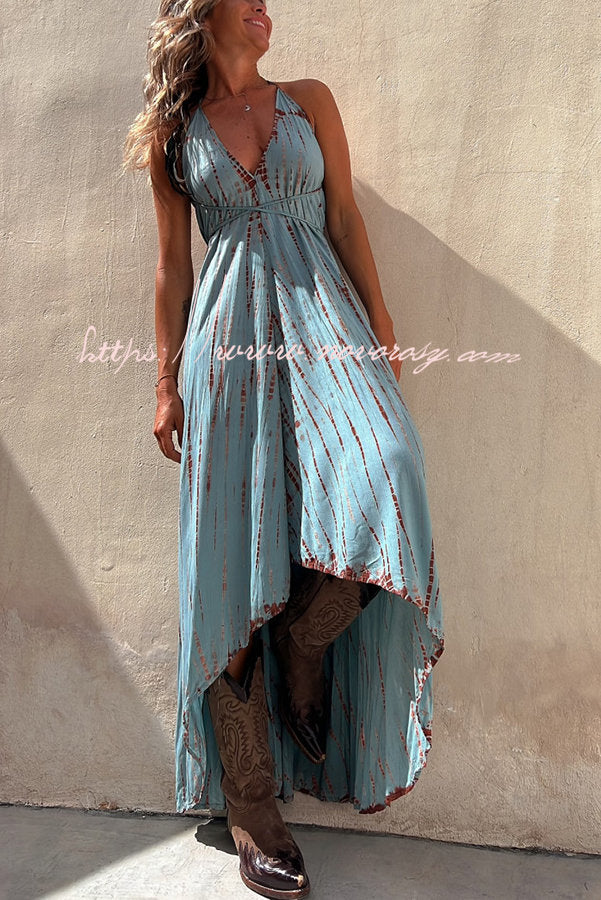 Claire Tie-dye Print Halter Lace-up High Low Maxi Dress
