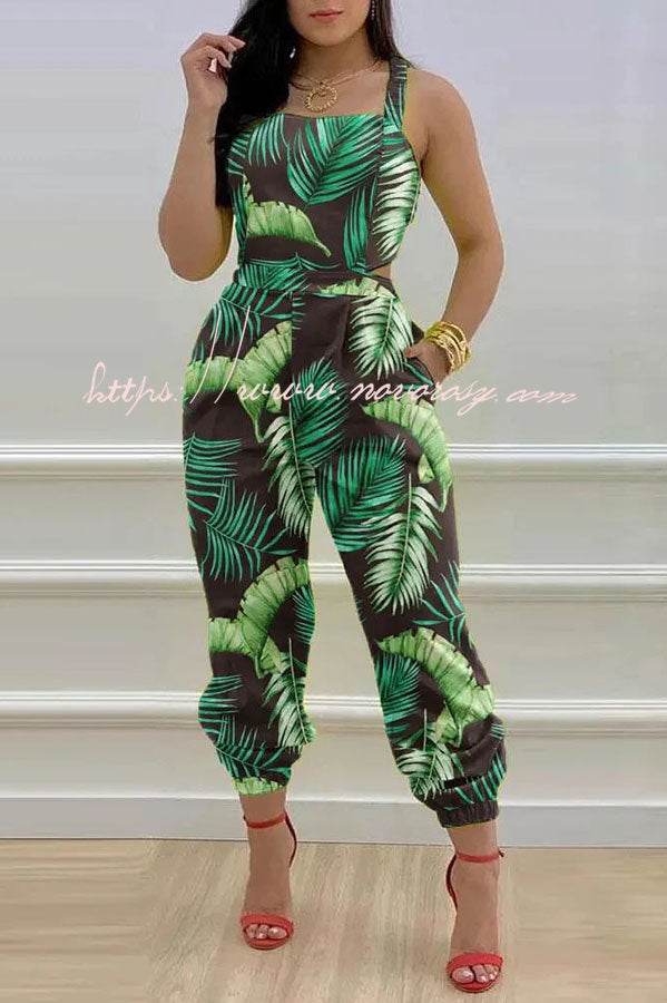 Libby Tropical Print Criss Cross Tied Detail Backless Jumpsuit