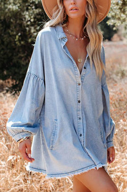 Madden Pocketed Chambray Button Down Denim Tunic Dress