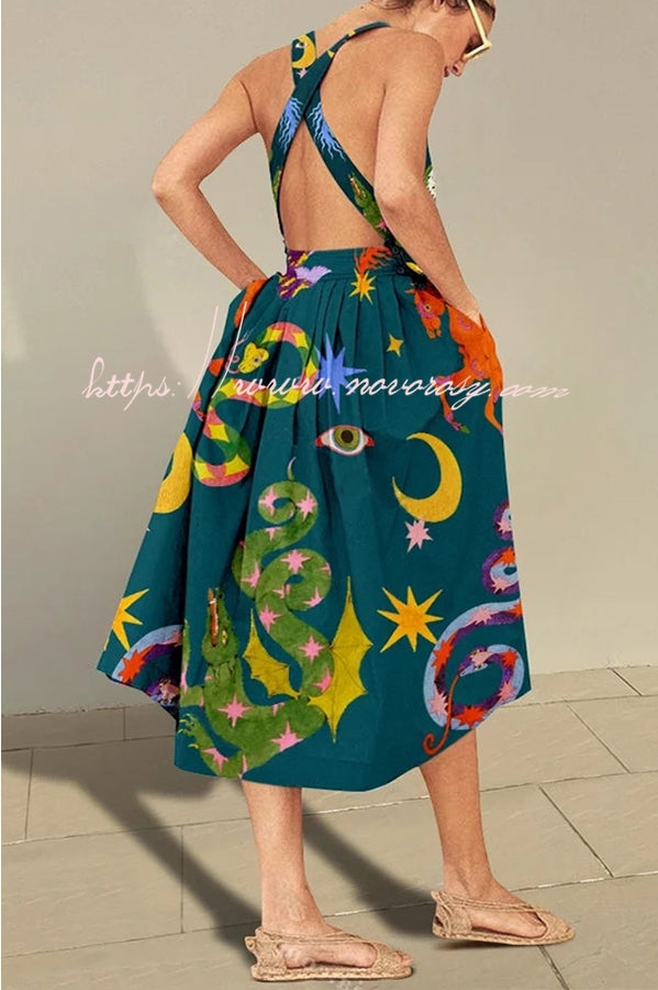 Fresh Summer Crossover Backless Pocketed Loose Midi Dress