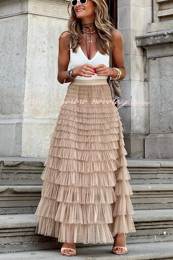 Be Your Own City Queen Tiered Elastic Waist Tulle Maxi Skirt