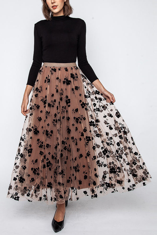 Jaclyn Flower Velvet Print Tulle Elastic Waist Midi Skirt